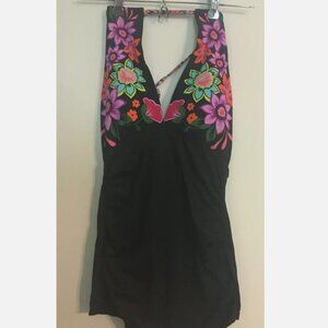 Black Tank Swimsuit Top with Embroidery Size Small